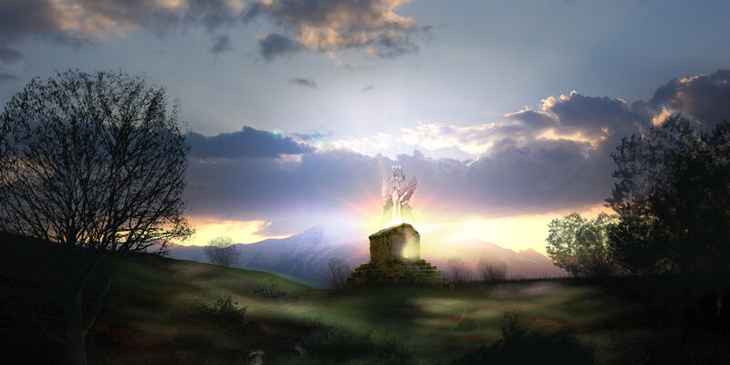 Statue at sunset in a valley