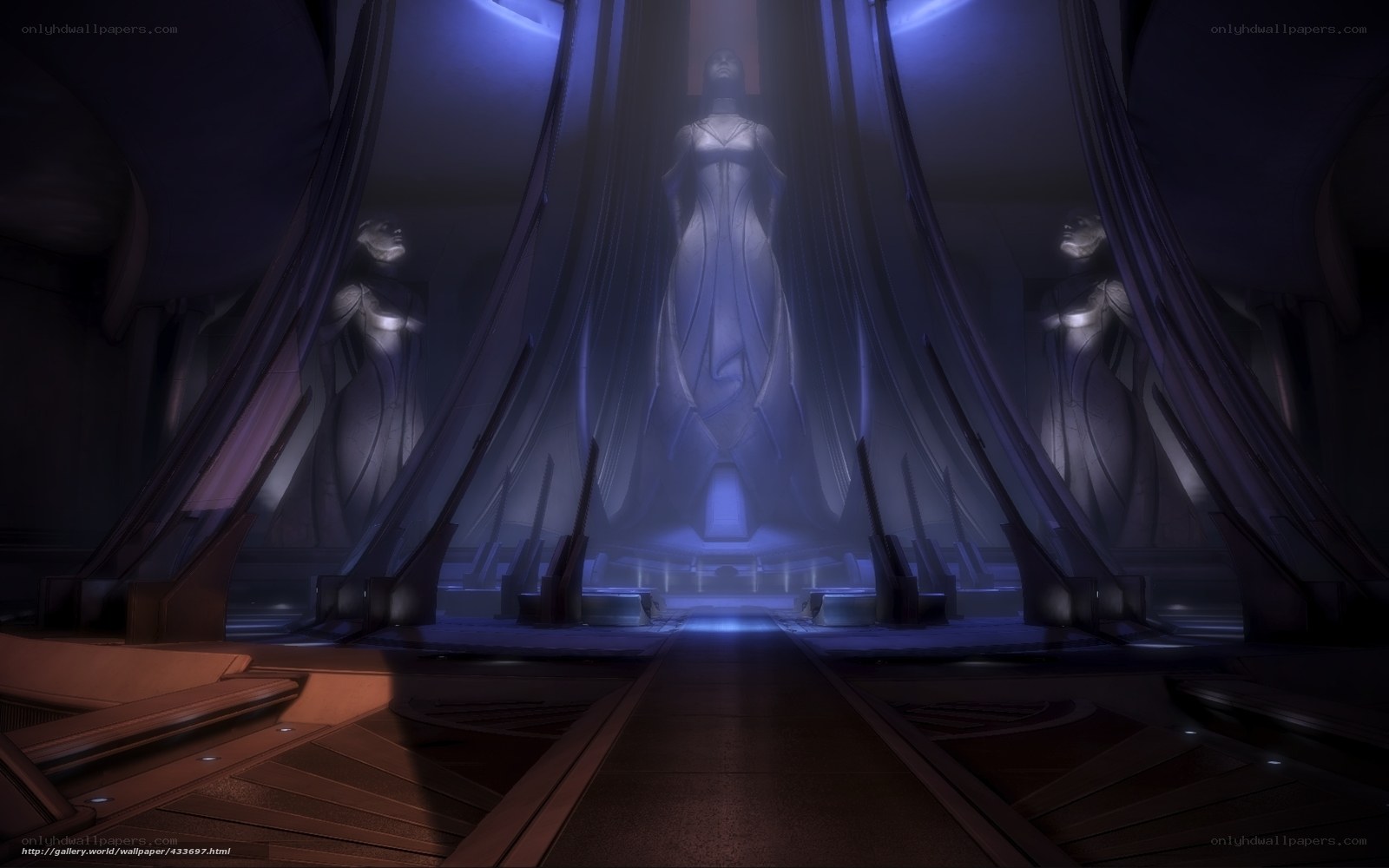 statue hall in futuristic temple