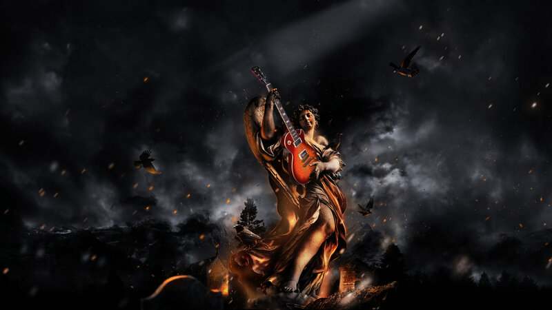 statue holding guitar in storm