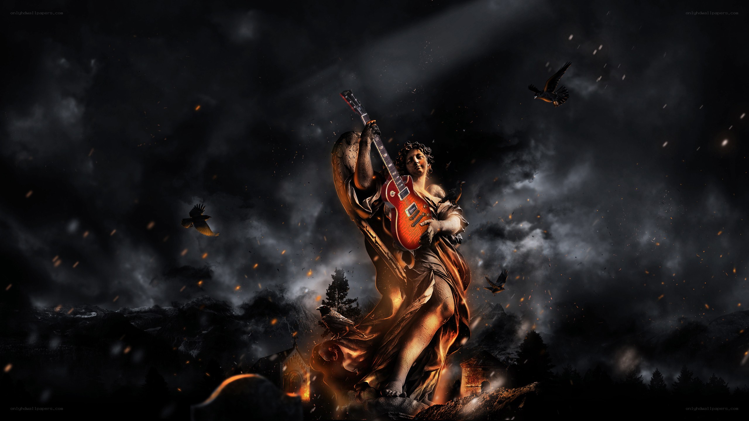 statue holding guitar in storm