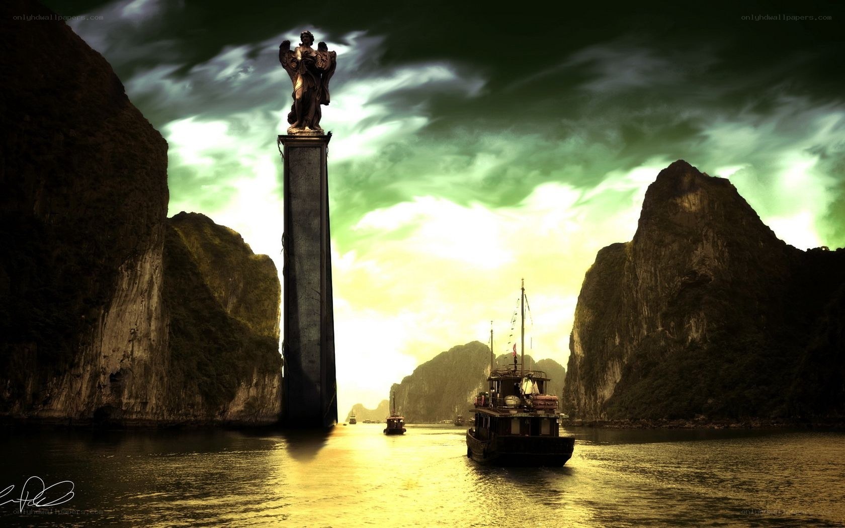 Statue in a bay at sunset