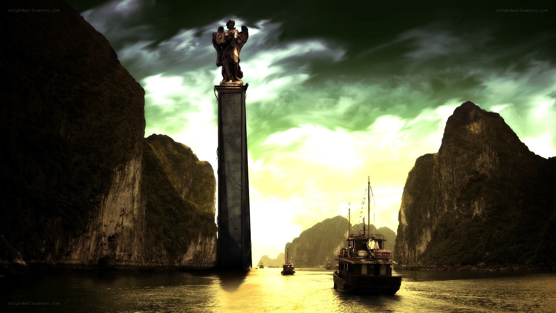 statue in a bay at sunset