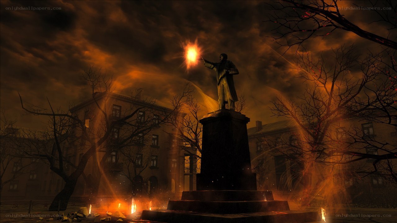 Statue in a fiery city
