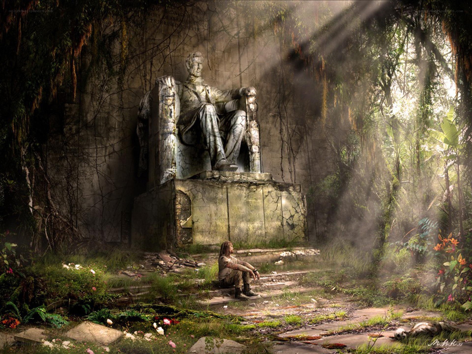 Statue in a jungle ruin