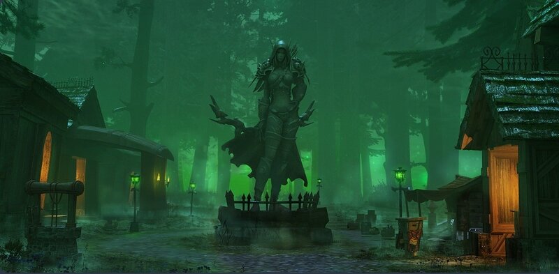 Statue in a misty forest village