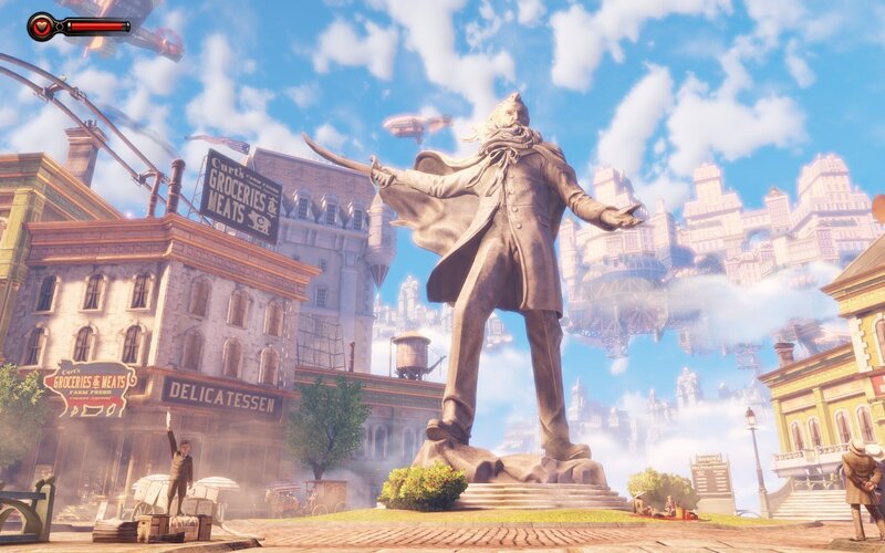 Statue in a steampunk city
