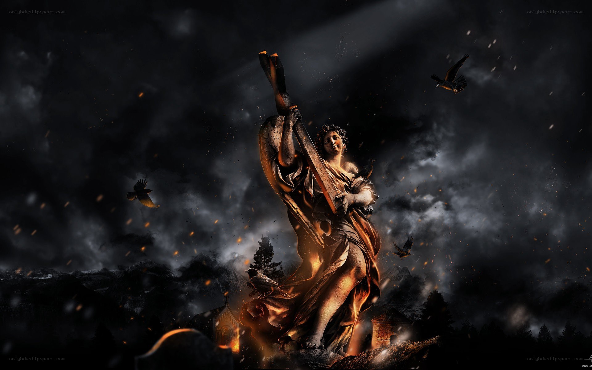 Statue in a stormy landscape