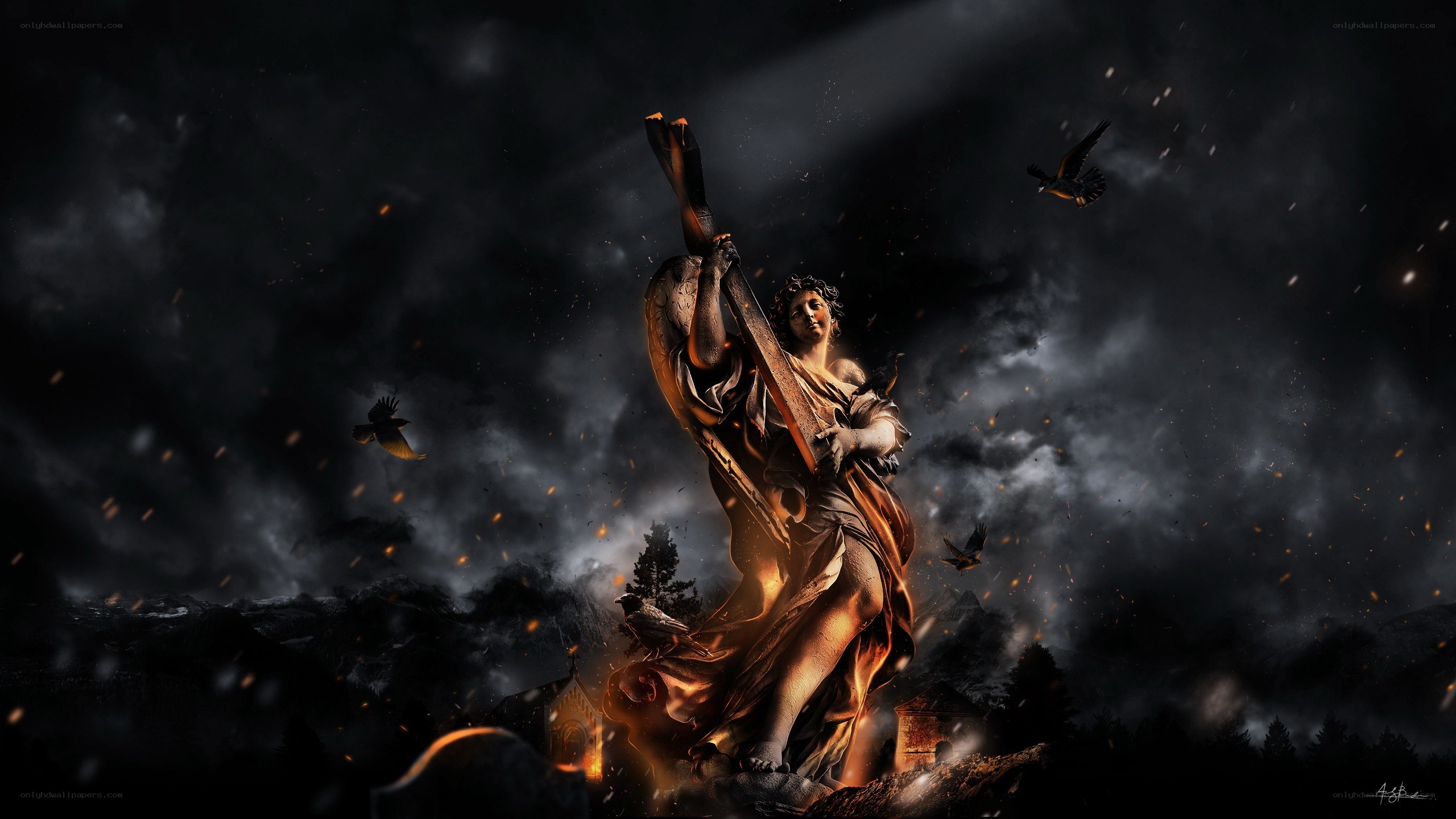 Statue in a stormy landscape