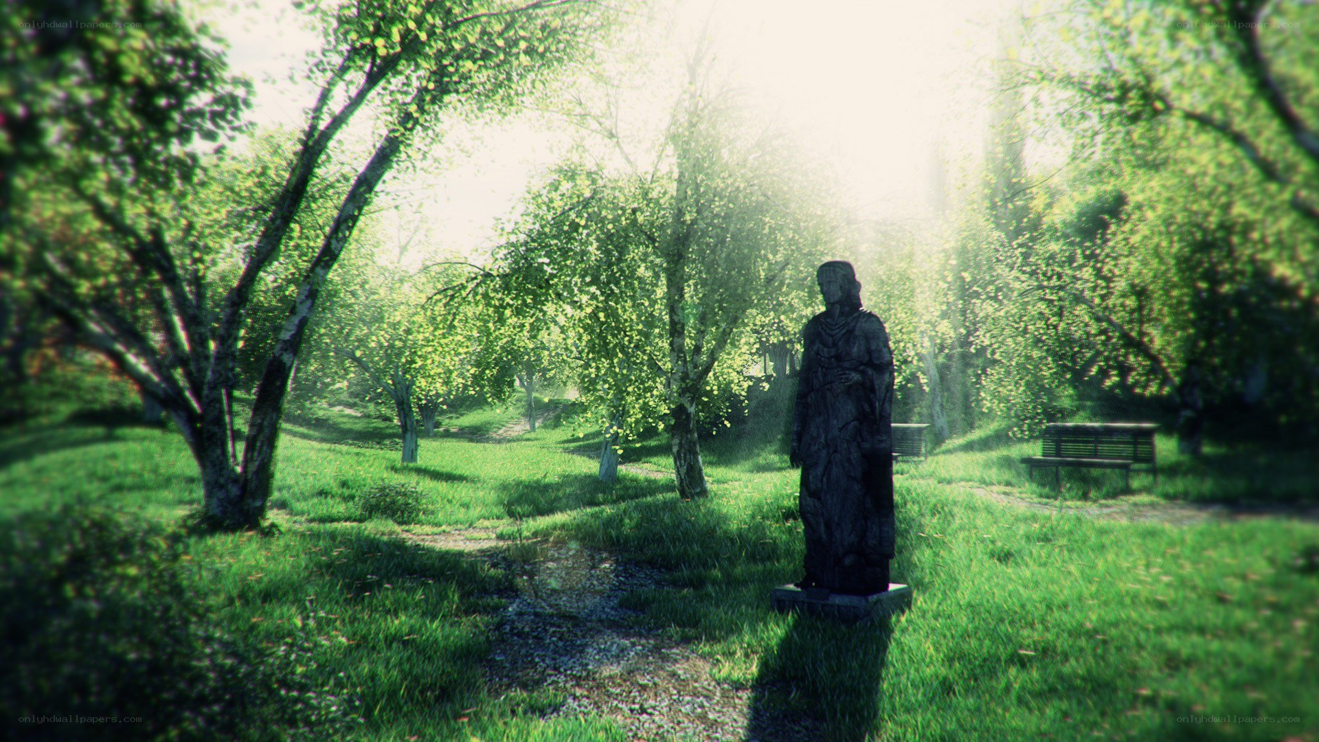 Statue in a sunlit park