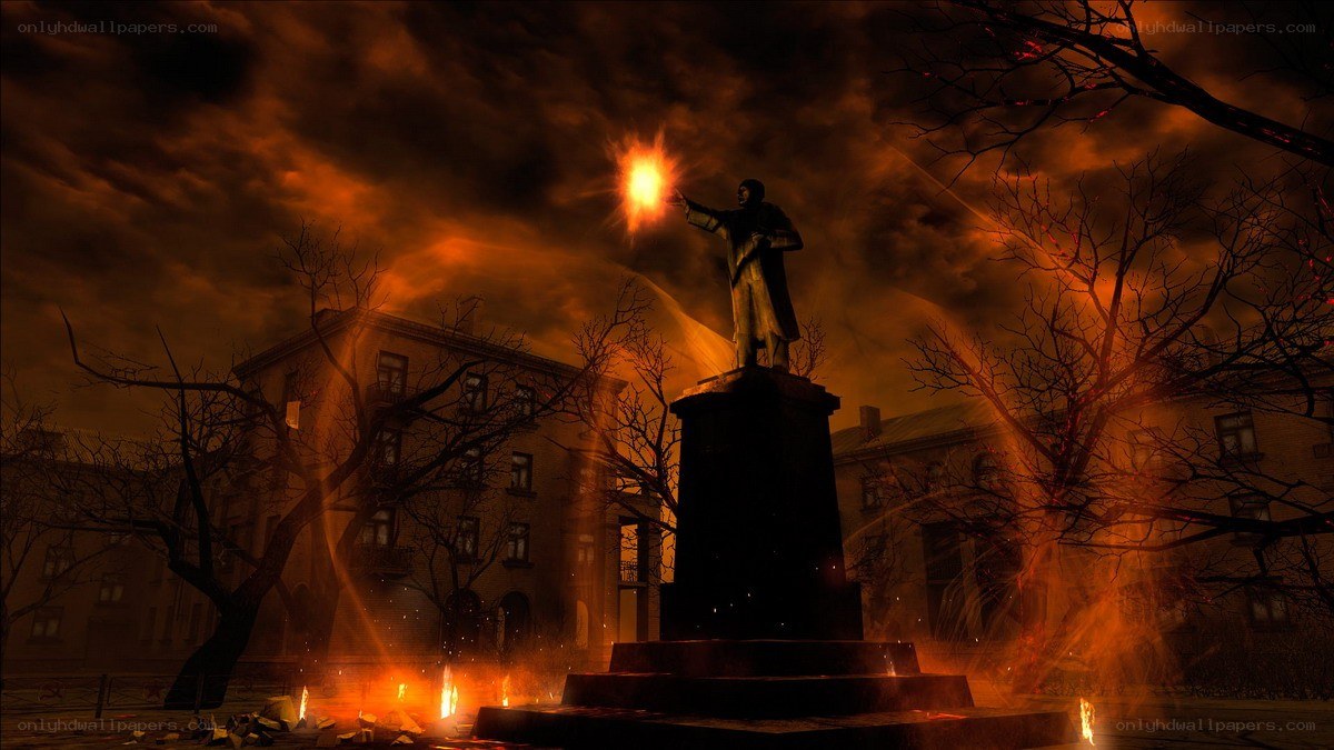 Statue in fiery city