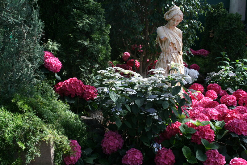 Statue in Flower Garden — Pink, Serene, Afternoon, Photograph