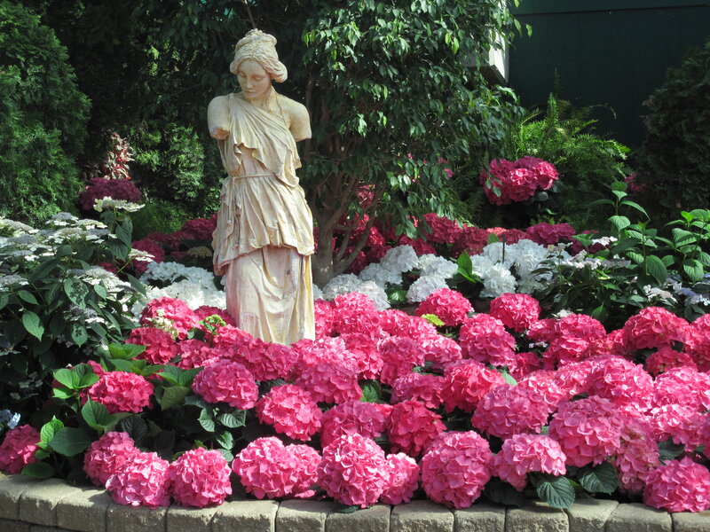 Statue in Flower Garden — Pink, Serene