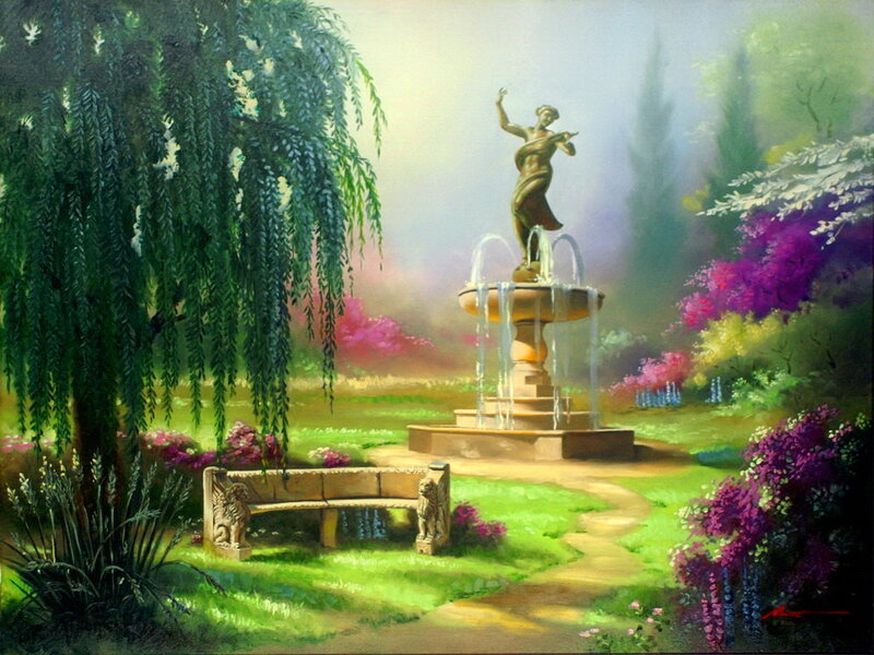 Statue in Garden Fountain — Green, Serene