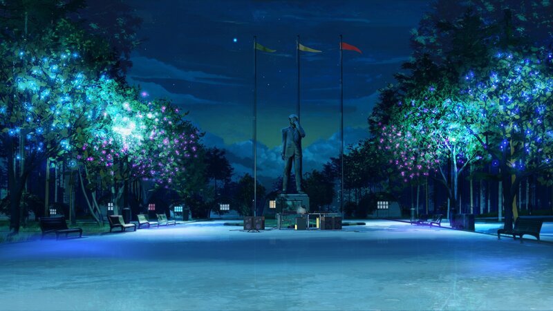 Statue in Park at Night — Blue, Serene, Anime