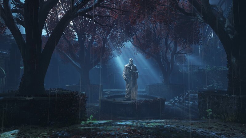 Statue in Rainy Garden