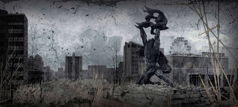 Statue in Ruined City — Gray, Dramatic, Digital Art