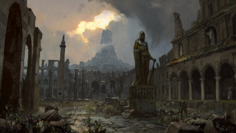Statue in Ruined City — Gray, Dramatic