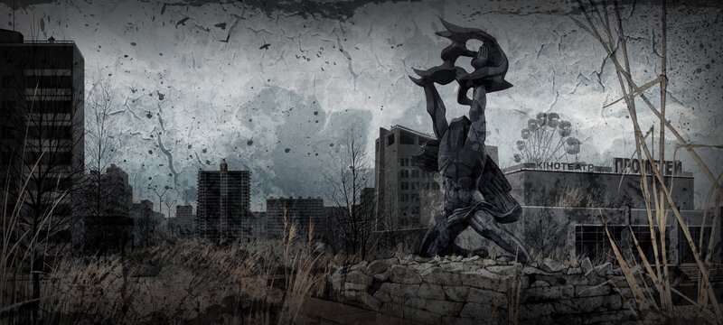 Statue in Ruined City — Gray