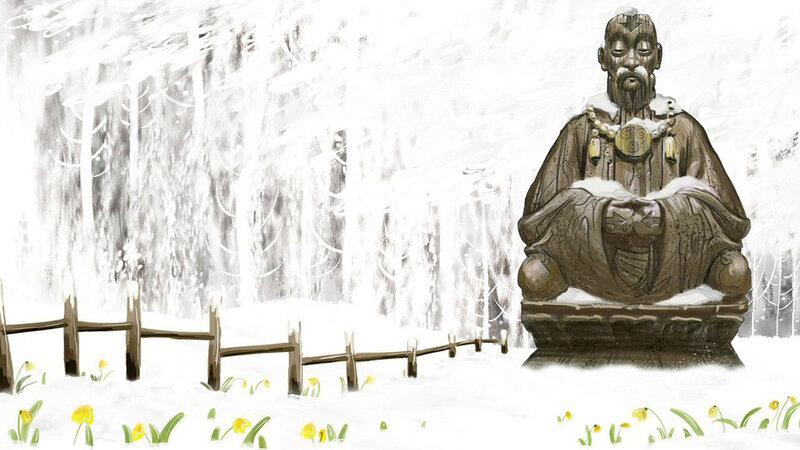 Statue in Snowy Forest — White, Serene