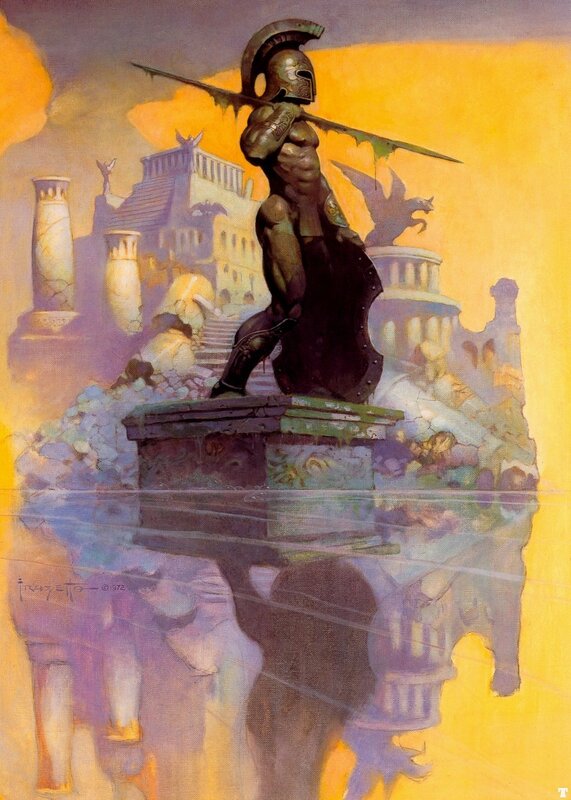 Statue of a warrior in ancient ruins