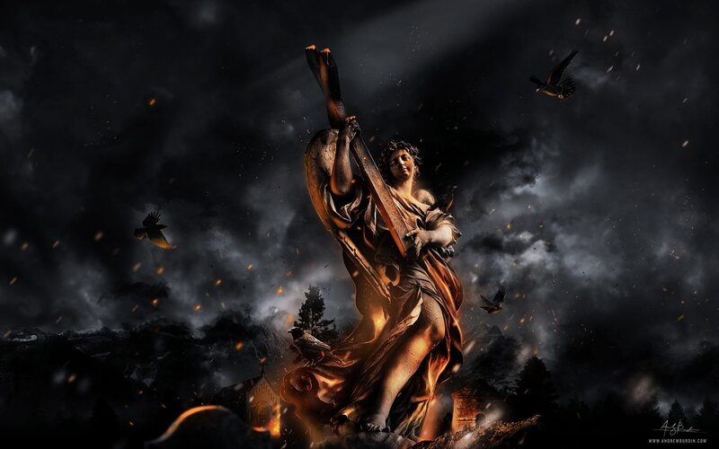 statue of a warrior in storm