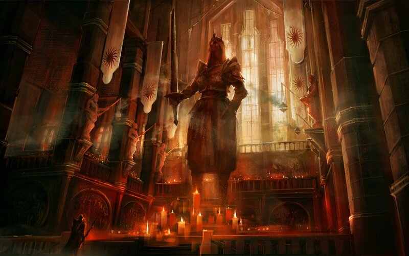 Statue of Armored Warrior — Red, Dramatic