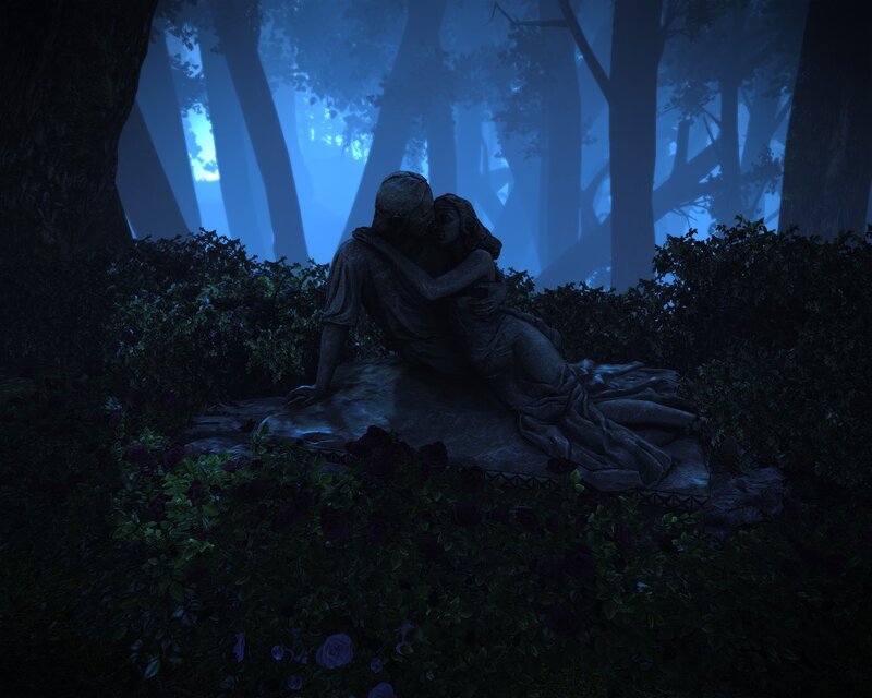 Statue of embracing couple in forest