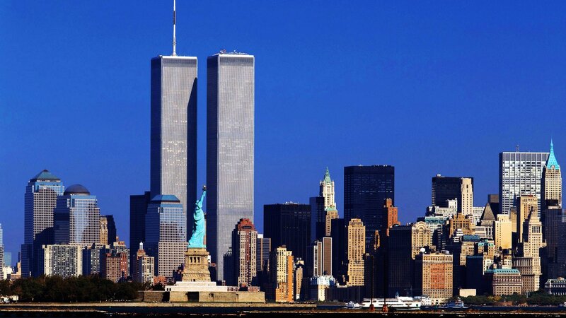 Statue of Liberty and Twin Towers — Blue, Dramatic, Afternoon