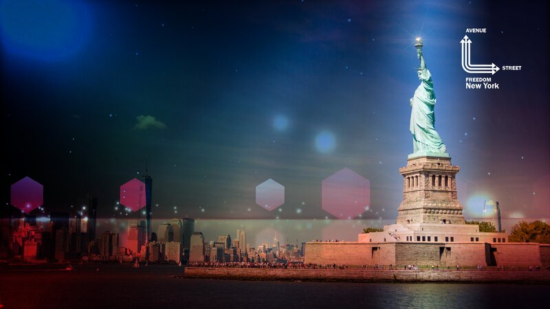 Statue of Liberty at Night — Blue, Dramatic, Digital Art, City Skyline