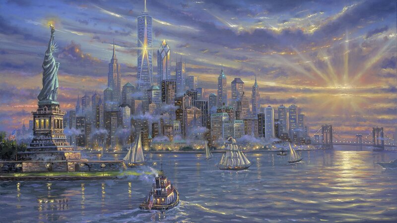 Statue of Liberty at Sunset — Blue, Dramatic, Painting