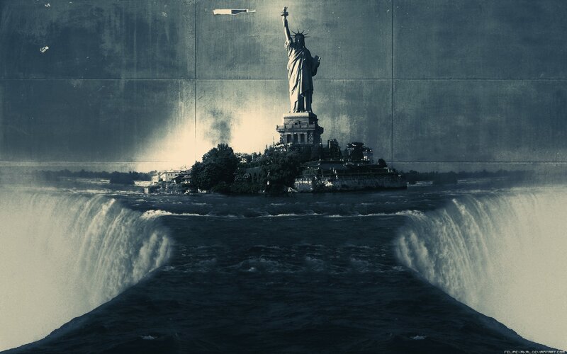 Statue of Liberty at waterfall