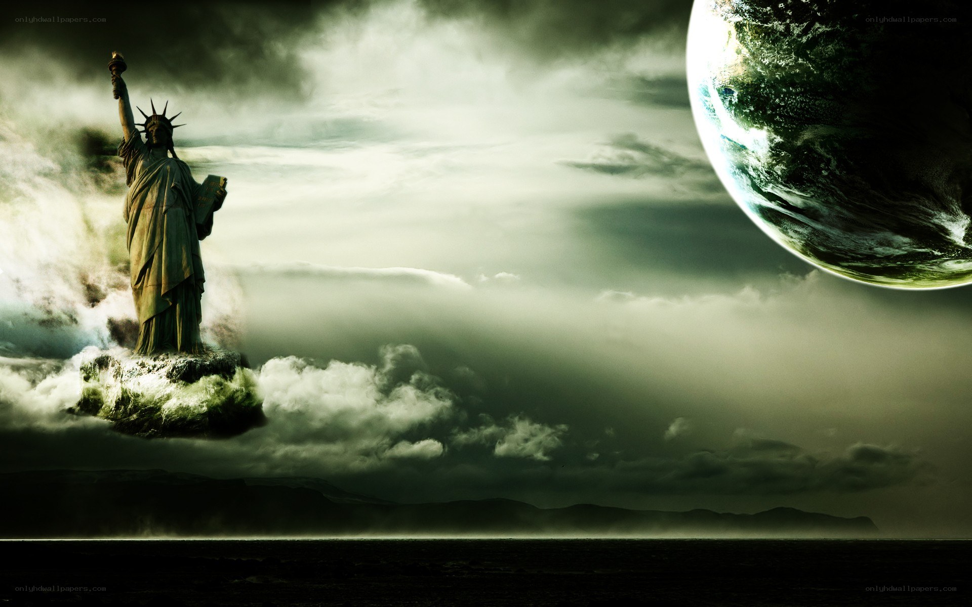 Statue of Liberty floating in clouds