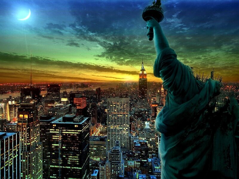 Statue of Liberty over city