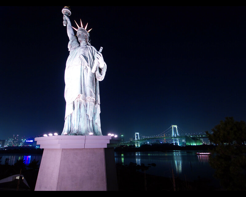 Statue of Liberty replica at night