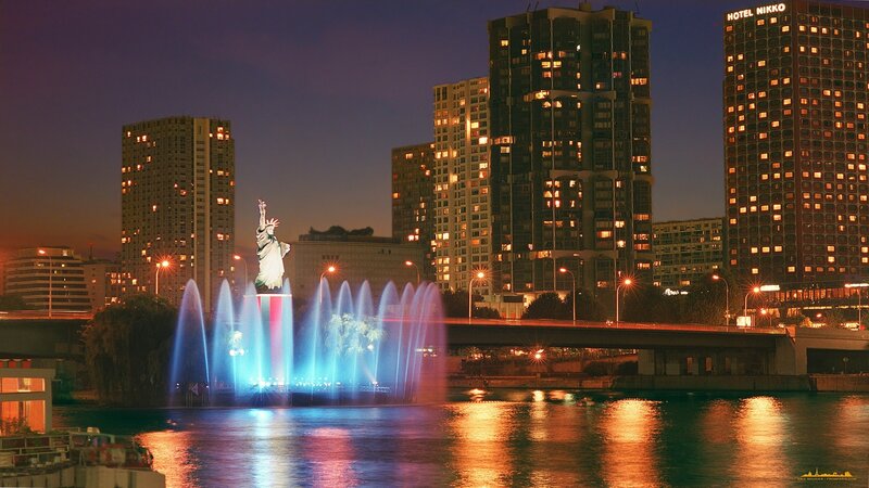 Statue of Liberty replica at night