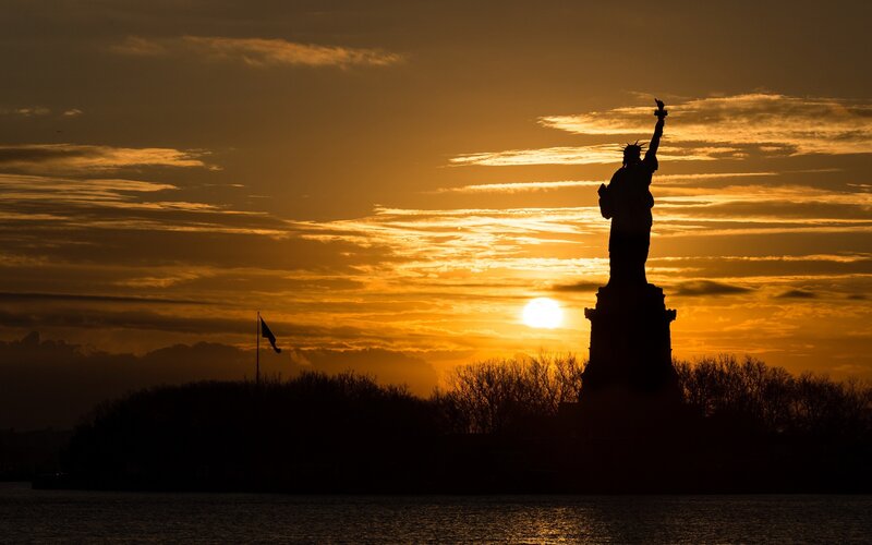 Statue of Liberty Silhouette — Orange, Dramatic, Sunset, Photograph, Sun, Sky