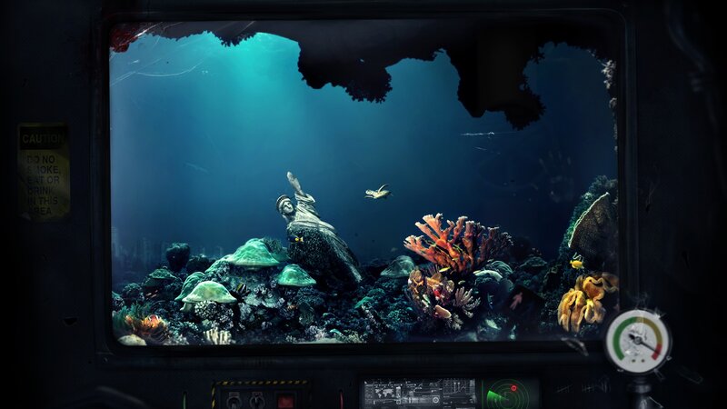 Statue of Liberty Underwater — Blue, Dramatic, Digital Art, Coral, Fish