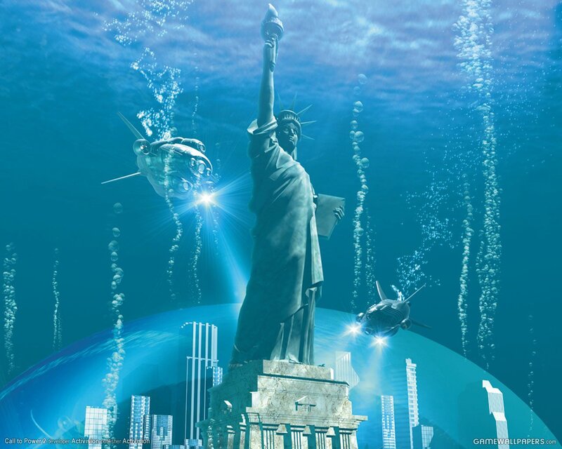 Statue of Liberty Underwater — Blue, Dramatic, Digital Art