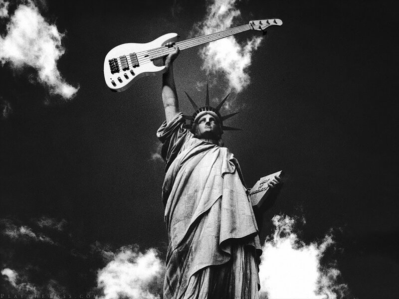 Statue of Liberty with bass guitar