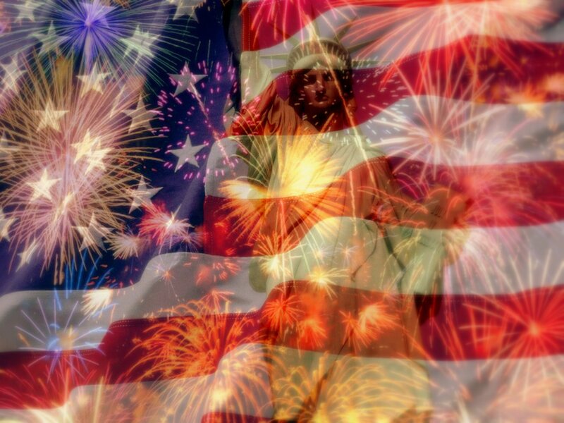 Statue of Liberty with fireworks
