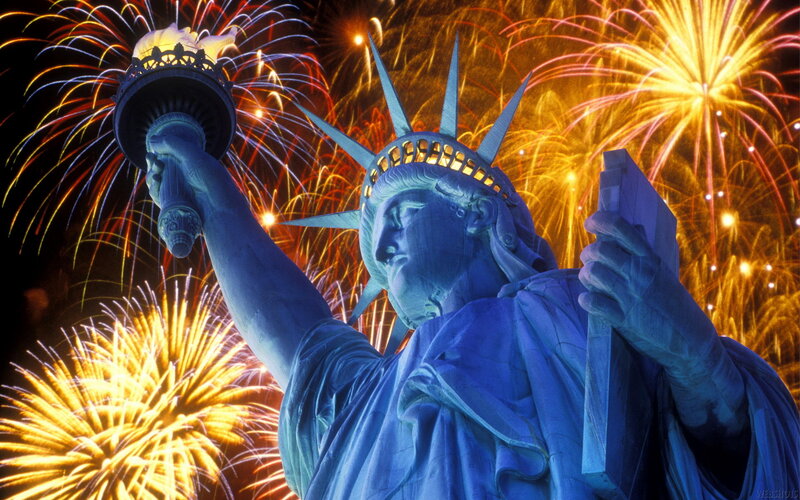Statue of Liberty with fireworks