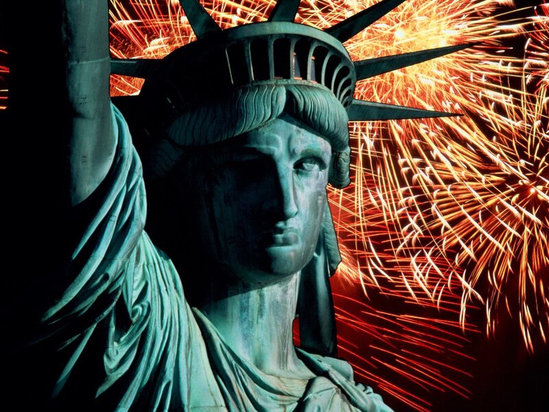 Statue of Liberty with fireworks