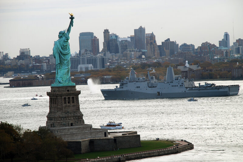 Statue of Liberty with naval ship