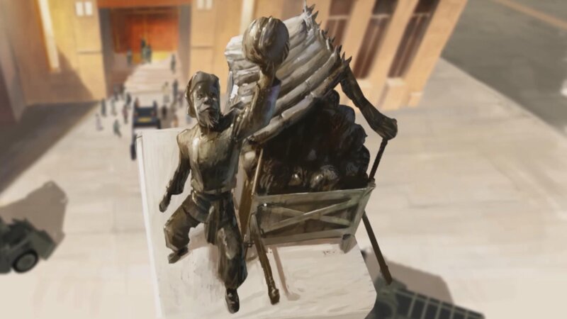statue of man with cart