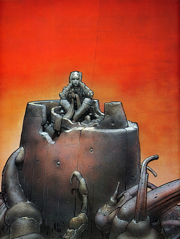 statue on a mechanical throne