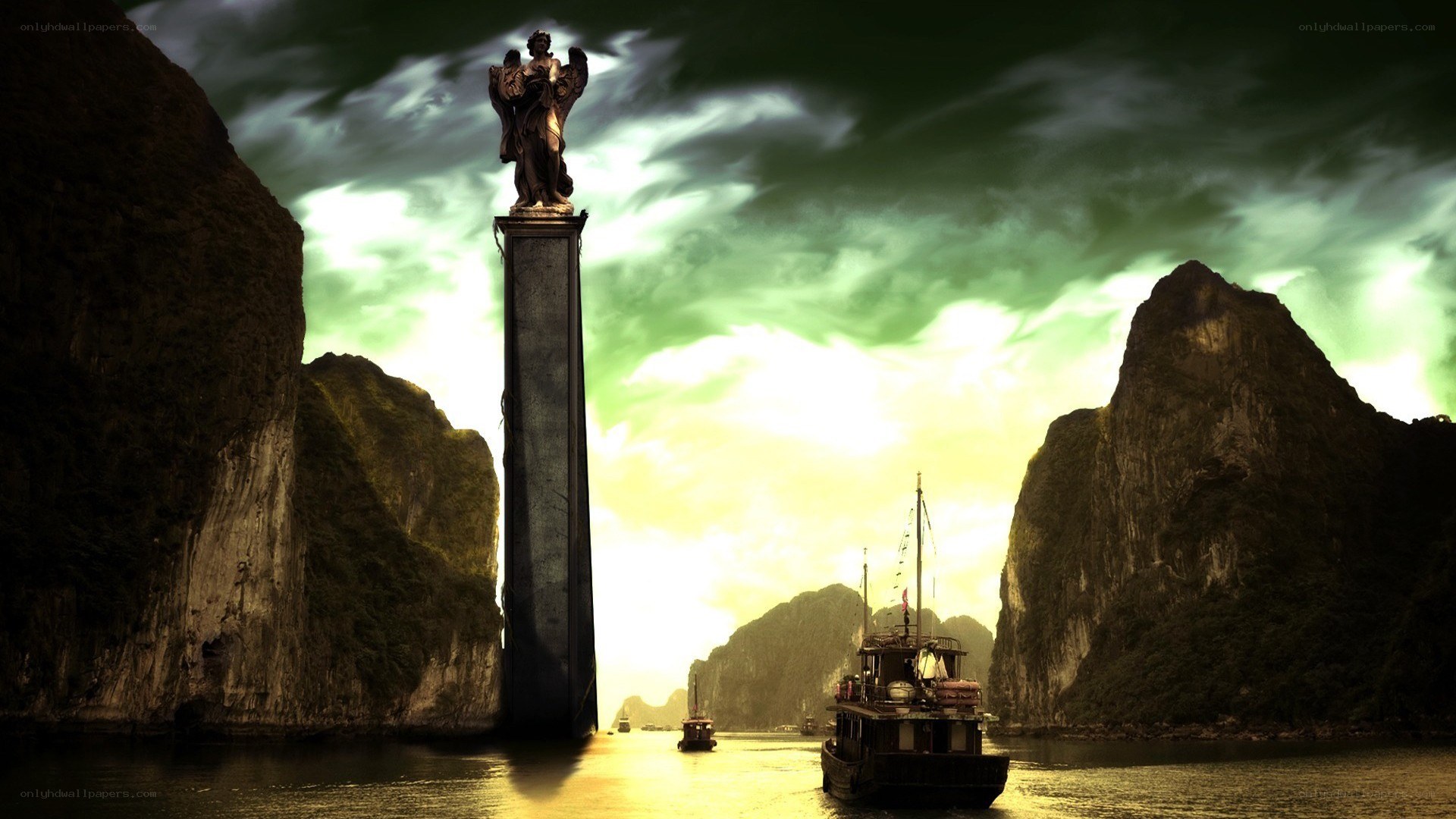 Statue on a pillar in a bay