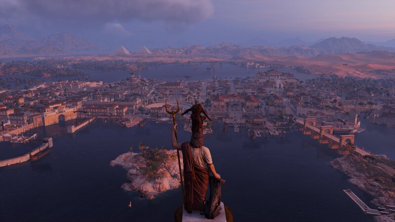 Statue Overlooking City — Blue, Serene