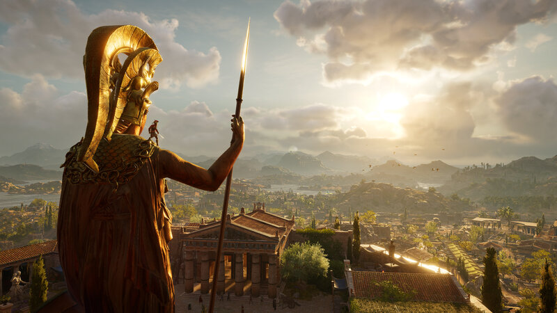 Statue Overlooking City — Gold