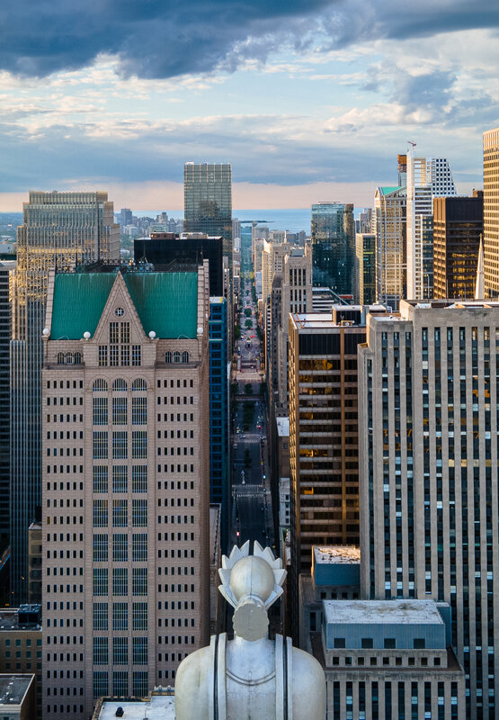 Statue Overlooking City — Gray