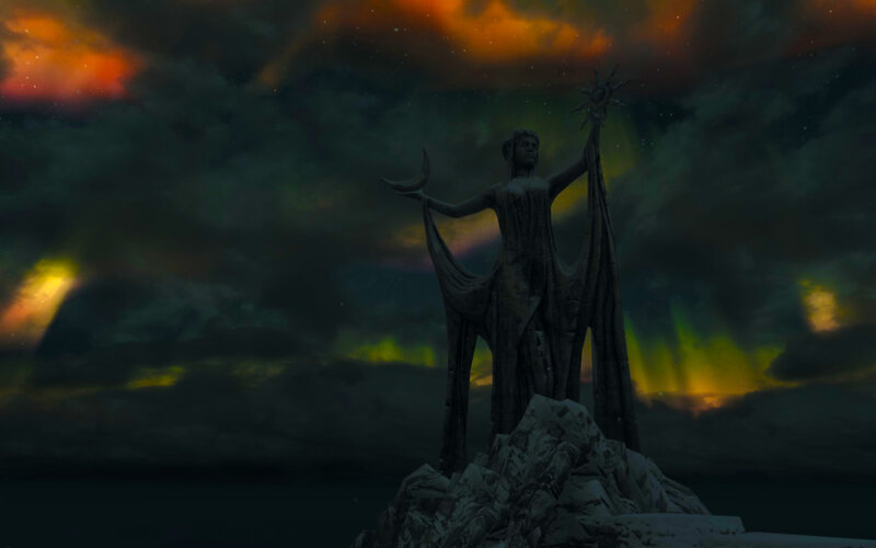 statue under aurora sky